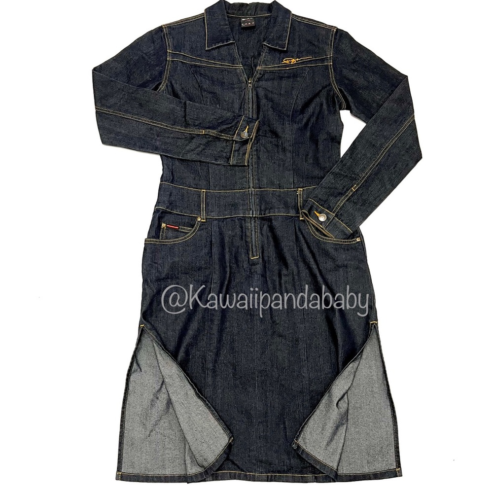Y2K VTG Fubu Dark Wash Denim Jean Collared Long Sleeve Side Slit Dress Size 7/8